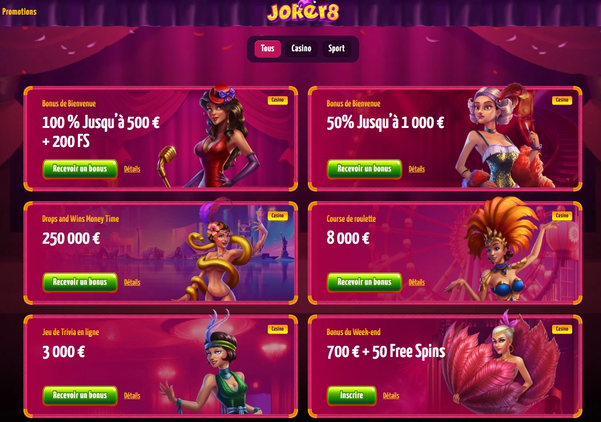 Offres de bonus et promotions au casino Joker8